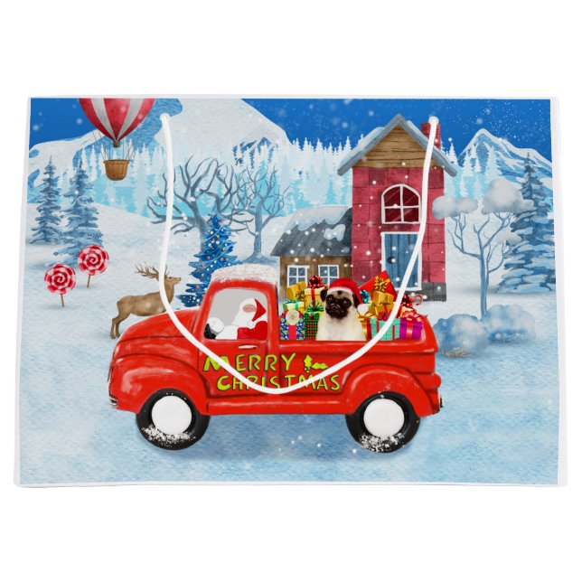 Pug Dog Christmas Delivery Truck Snow Large Gift Bag (Front)
