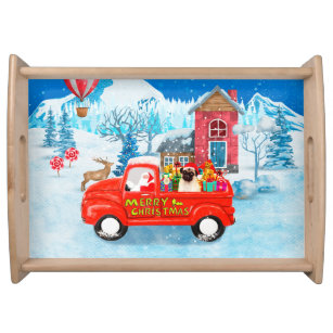 Pug Dog Christmas Delivery Truck Snow Serving Tray