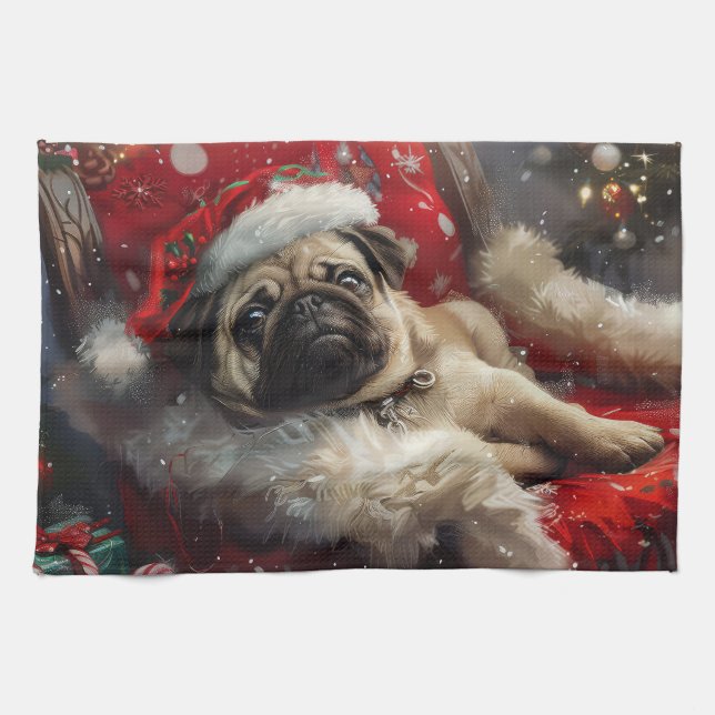 Pug Dog Christmas Festive Kitchen Towel (Horizontal)