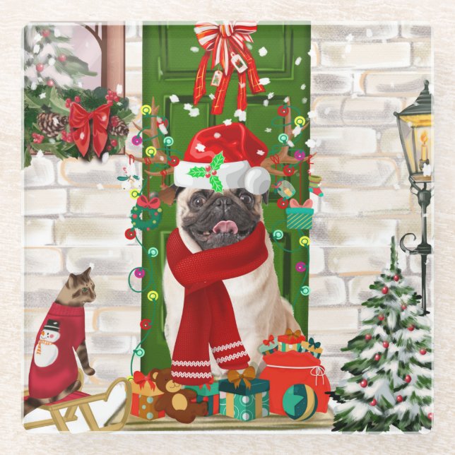 Pug Dog Christmas  Glass Coaster (Front)