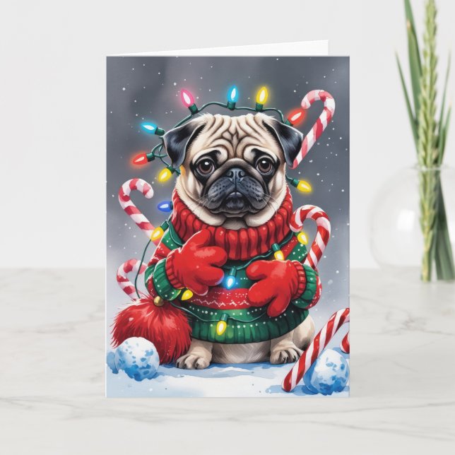 Pug Dog Christmas Greeting Card (Front)