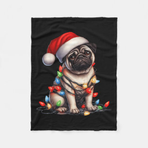 Pug Dog Christmas Lights Santa Hat Dog Lover  Fleece Blanket