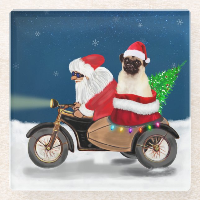 Pug Dog Christmas Santa Claus Glass Coaster (Front)