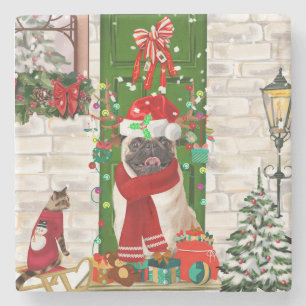 Pug Dog Christmas Stone Coaster
