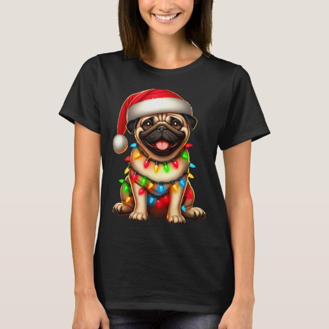 Pug Dog Christmas Tree Lights Santa Xmas Pajama Do T-Shirt (Front)