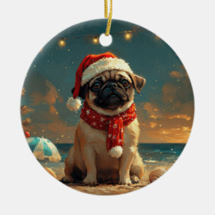 Pug Dog Christmas Vintage Beach Ceramic Ornament