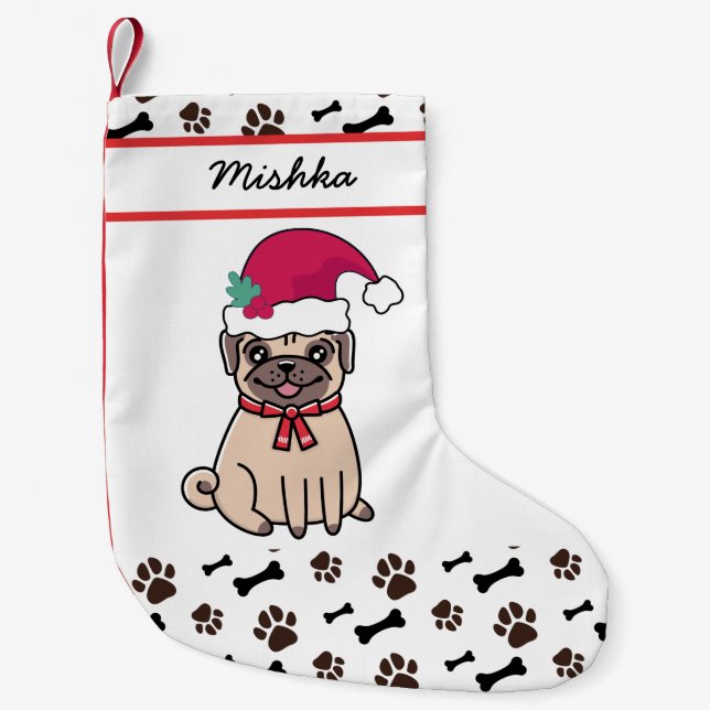 Pug Dog Christmas With Custom Dog Name Small Christmas Stocking (Front)