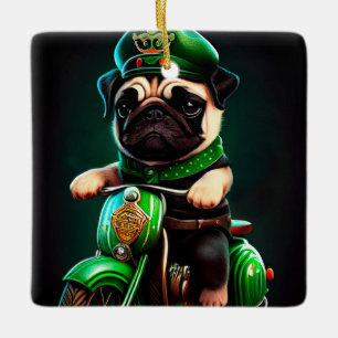 Pug Dog Driving Bike St. Patrick's Day Ceramic Ornament