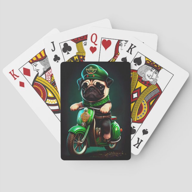 Pug Dog Driving Bike St. Patrick's Day Playing Cards (Back)