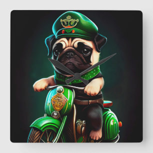 Pug Dog Driving Bike St. Patrick's Day Square Wall Clock