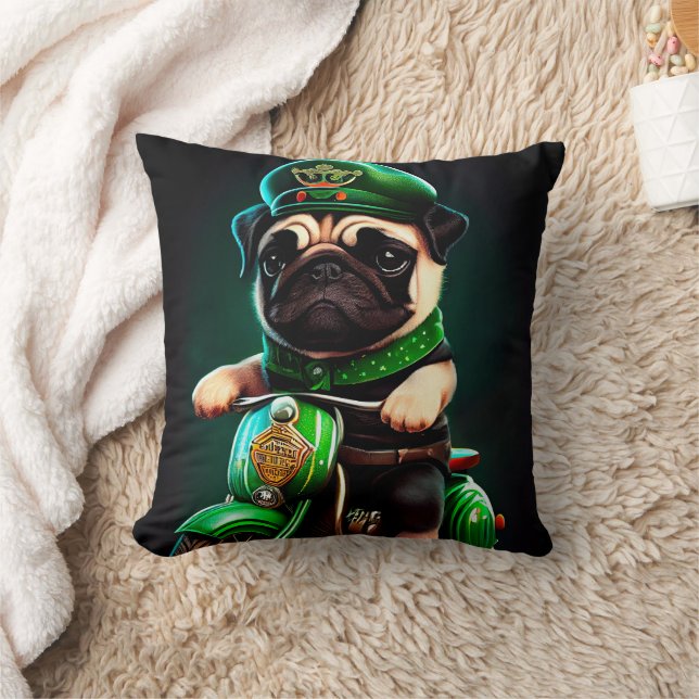 Pug Dog Driving Bike St. Patrick's Day Throw Pillow (Blanket)
