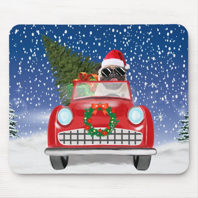 Pug Dog Driving Car In Snow Christmas Mouse Pad (Front)