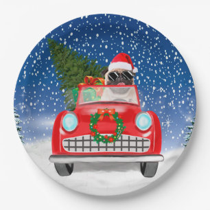 Pug Dog Driving Car In Snow Christmas   Paper Plate