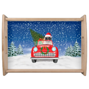 Pug Dog Driving Car In Snow Christmas   Serving Tray