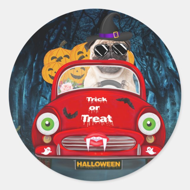 Pug  Dog Driving Car Scary Halloween Classic Round Sticker (Front)