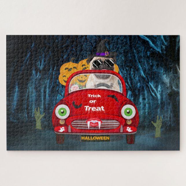 Pug Dog Driving Car Scary Halloween  Jigsaw Puzzle (Horizontal)