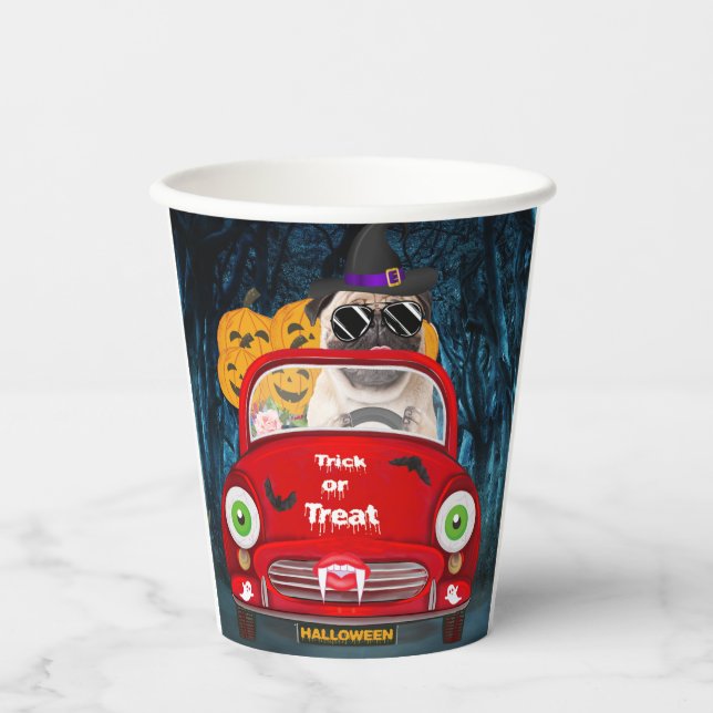 Pug  Dog Driving Car Scary Halloween Paper Cups (Front)