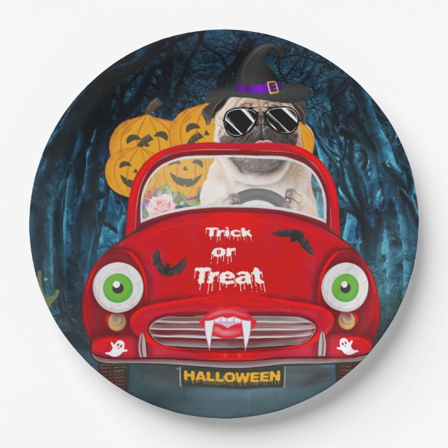 Pug  Dog Driving Car Scary Halloween  Paper Plate (Front)