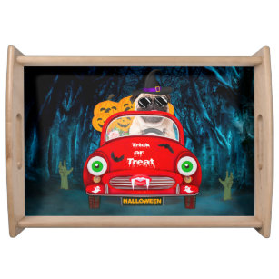 Pug  Dog Driving Car Scary Halloween Serving Tray