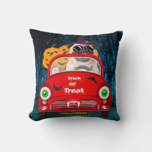 Pug  Dog Driving Car Scary Halloween  Throw Pillow