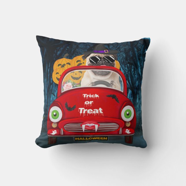 Pug  Dog Driving Car Scary Halloween  Throw Pillow (Front)