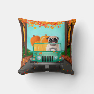 Pug Dog Fall Pumpkin Throw Pillow