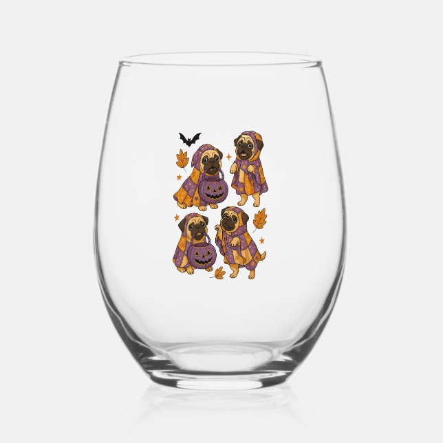 Pug Dog Ghost Halloween Spooky Stemless Wine Glass (Front)