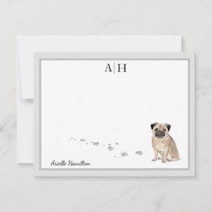 Pug Dog Grey Border Monogram Personalized Custom Card