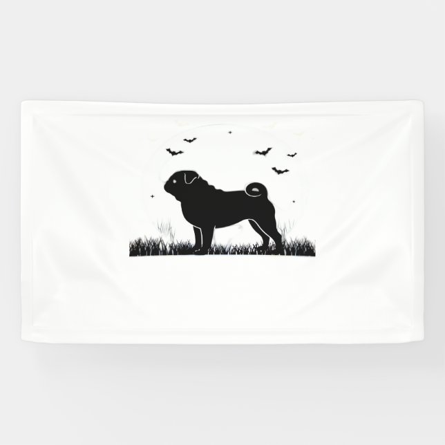 Pug Dog – Halloween Moon Silhouette Classic T-Shir Banner (Horizontal)