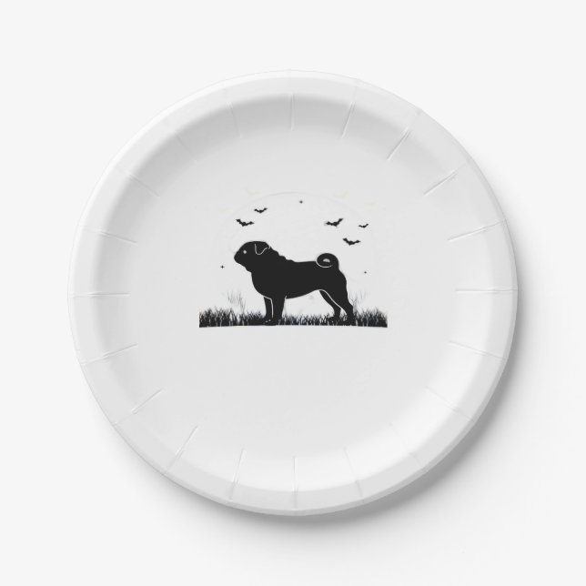 Pug Dog � Halloween Moon Silhouette Classic T-Shir Paper Plate (Front)