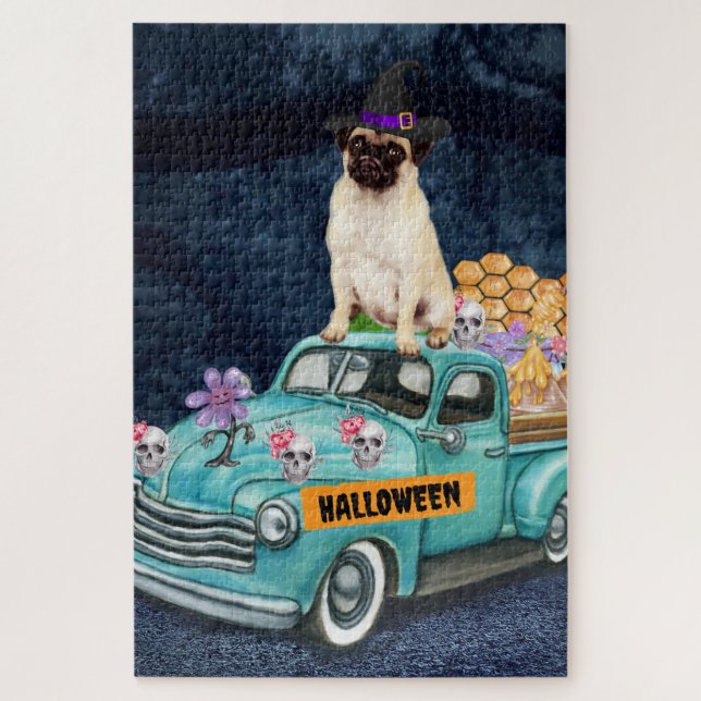 Pug Dog Halloween Truck Scary Night  Jigsaw Puzzle (Vertical)