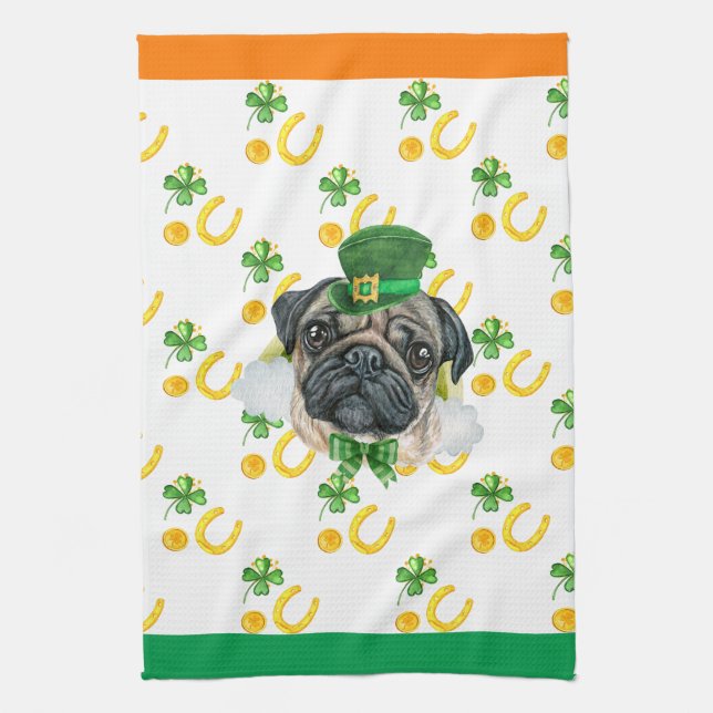 Pug Dog Holiday Home Decor St Patricks Day Kitchen Towel (Vertical)