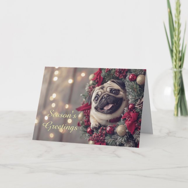 Pug Dog in a Wreath Christmas Card (Front)