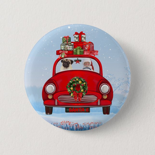 Pug Dog In Car With Santa Claus 2 Inch Round Button (Front)
