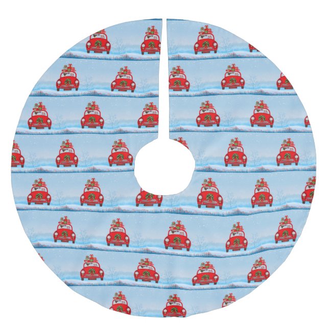 Pug Dog In Car With Santa Claus Brushed Polyester Tree Skirt (Front)
