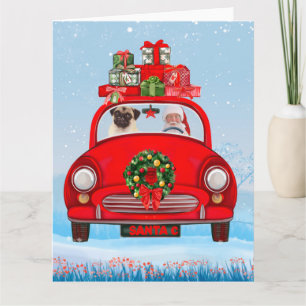 Pug Dog In Car With Santa Claus Card