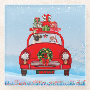 Pug Dog In Car With Santa Claus Glass Coaster