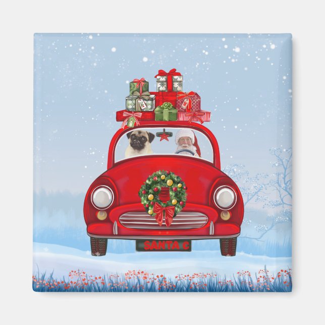 Pug Dog In Car With Santa Claus Magnet (Front)