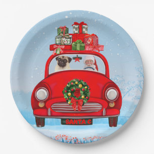 Pug Dog In Car With Santa Claus Paper Plate