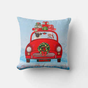 Pug Dog In Car With Santa Claus  Throw Pillow