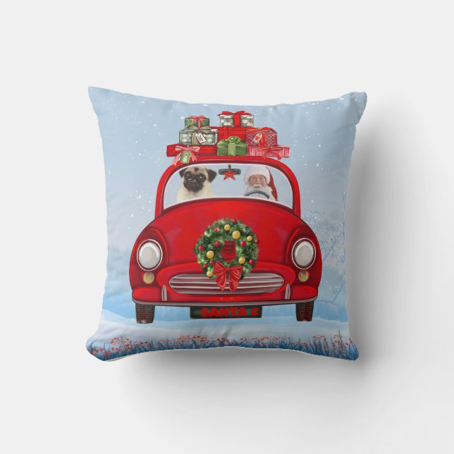 Pug Dog In Car With Santa Claus  Throw Pillow (Front)