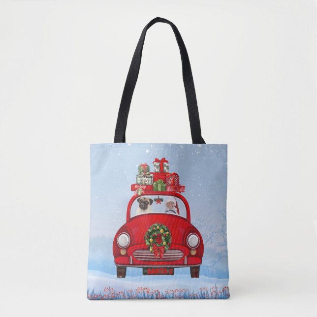 Pug Dog In Car With Santa Claus Tote Bag (Front)