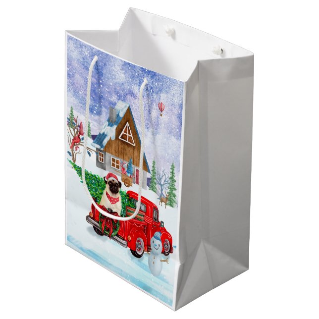 Pug Dog In Christmas Delivery Truck Snow  Medium Gift Bag (Front Angled)