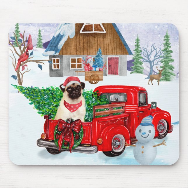 Pug Dog In Christmas Delivery Truck Snow Mouse Pad (Front)