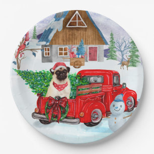 Pug Dog In Christmas Delivery Truck Snow Paper Plate