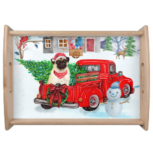 Pug Dog In Christmas Delivery Truck Snow  Serving Tray