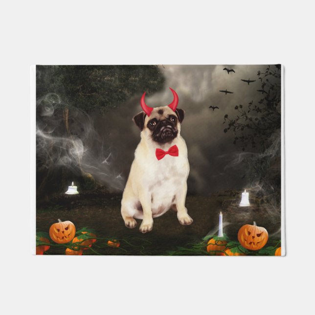 Pug Dog in Halloween Costume Doormat (Front)