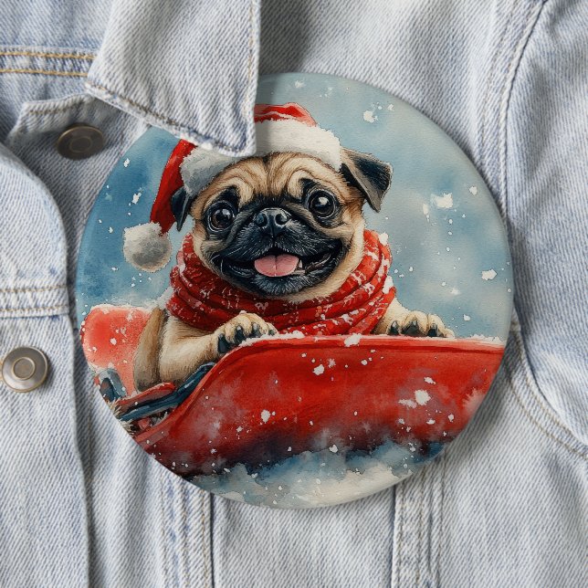 Pug Dog in Sledge Let it Snow Christmas 6 Inch Round Button (In Situ)