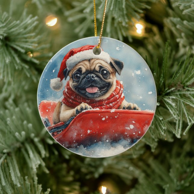 Pug Dog in Sledge Let it Snow Christmas Ceramic Ornament (Tree)