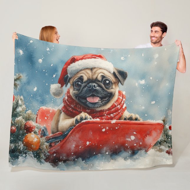 Pug Dog in Sledge Let it Snow Christmas Fleece Blanket (In Situ)